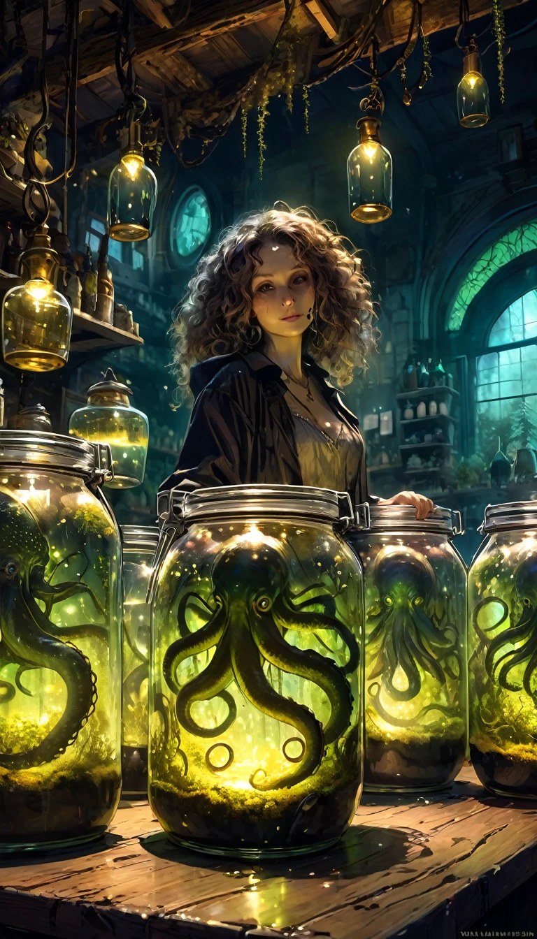 a sexy girl tends the store at the counter, fantastic store, Fantasy world, dark, disturbing, strange, unnatural, (Rembrandt Lighting: 1.3) light particles, lens flares, store with several tentacles inside large jars, , a woman shopping, live tentacles for sale inside jars, side chest, forest cat on stage, close-up of the upper part of the body, artistic masterpieces that will go down in history, fantastic backgrounds, memorable scenes, fantastic angles (masterpiece : 1.2), (best quality: 1.2), intricate details, newest, AI generated (Bill Sienkiewicz inspired art, intricate details, oil painting)
