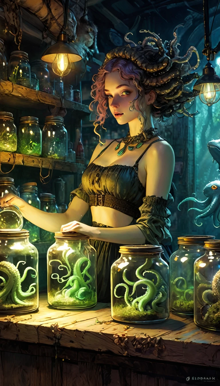 a sexy girl tends the store at the counter, fantastic store, Fantasy world, dark, disturbing, strange, unnatural, (Rembrandt Lighting: 1.3) light particles, lens flares, store with several tentacles inside large jars, , a woman shopping, live tentacles for sale inside jars, side chest, forest cat on stage, close-up of the upper part of the body, artistic masterpieces that will go down in history, fantastic backgrounds, memorable scenes, fantastic angles (masterpiece : 1.2), (best quality: 1.2), intricate details, newest, AI generated (Bill Sienkiewicz inspired art, intricate details, oil painting)