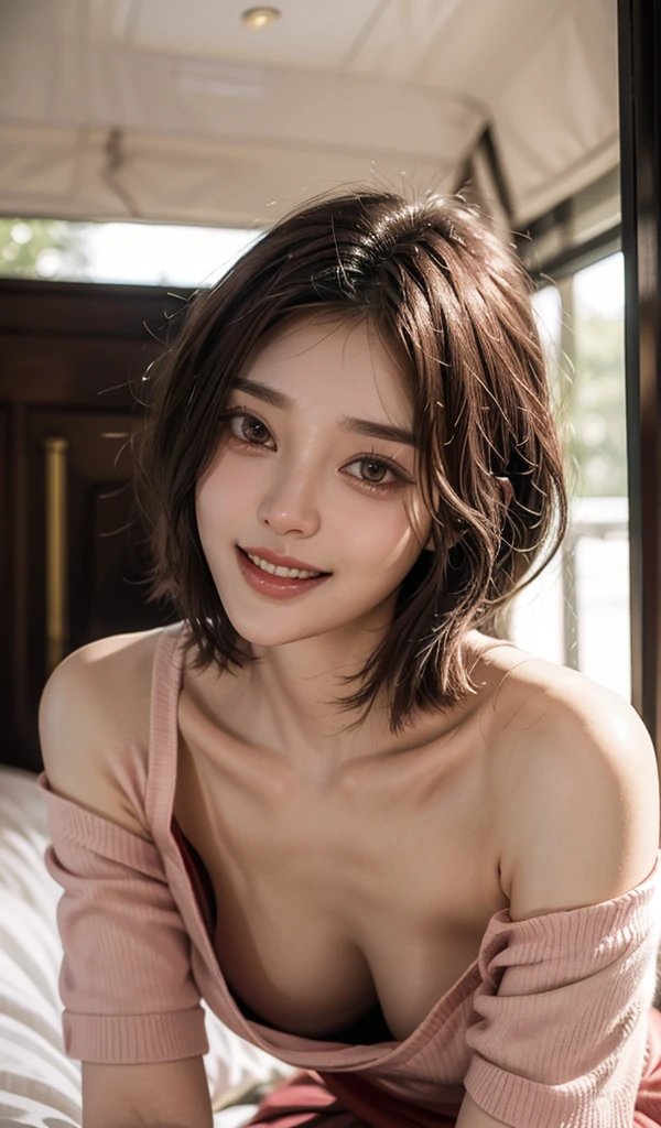 1 girl, 19 years old, south korean, 4k, masterpiece, realistic, frekles under eyes, short whavy faded pink hair, bob hair-cut, shining pink eyes, red lips, red eyeliners, massively large breast, off shoulder pink dress, discovered breast, tattoo in the neck, gold necklase, tilted head, happy, big smile, perfect teeth, multiple of frekles under eyes, detailed face, facing camera.