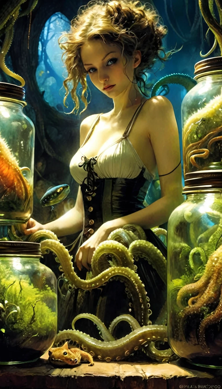 a sexy girl tends the store at the counter, fantastic store, Fantasy world, dark, disturbing, strange, unnatural, (Rembrandt Lighting: 1.3) light particles, lens flares, store with several tentacles inside large jars, , a woman shopping, live tentacles for sale inside jars, side chest, forest cat on stage, close-up of the upper part of the body, artistic masterpieces that will go down in history, fantastic backgrounds, memorable scenes, fantastic angles (masterpiece : 1.2), (best quality: 1.2), intricate details, newest, AI generated (Bill Sienkiewicz inspired art, intricate details, oil painting)