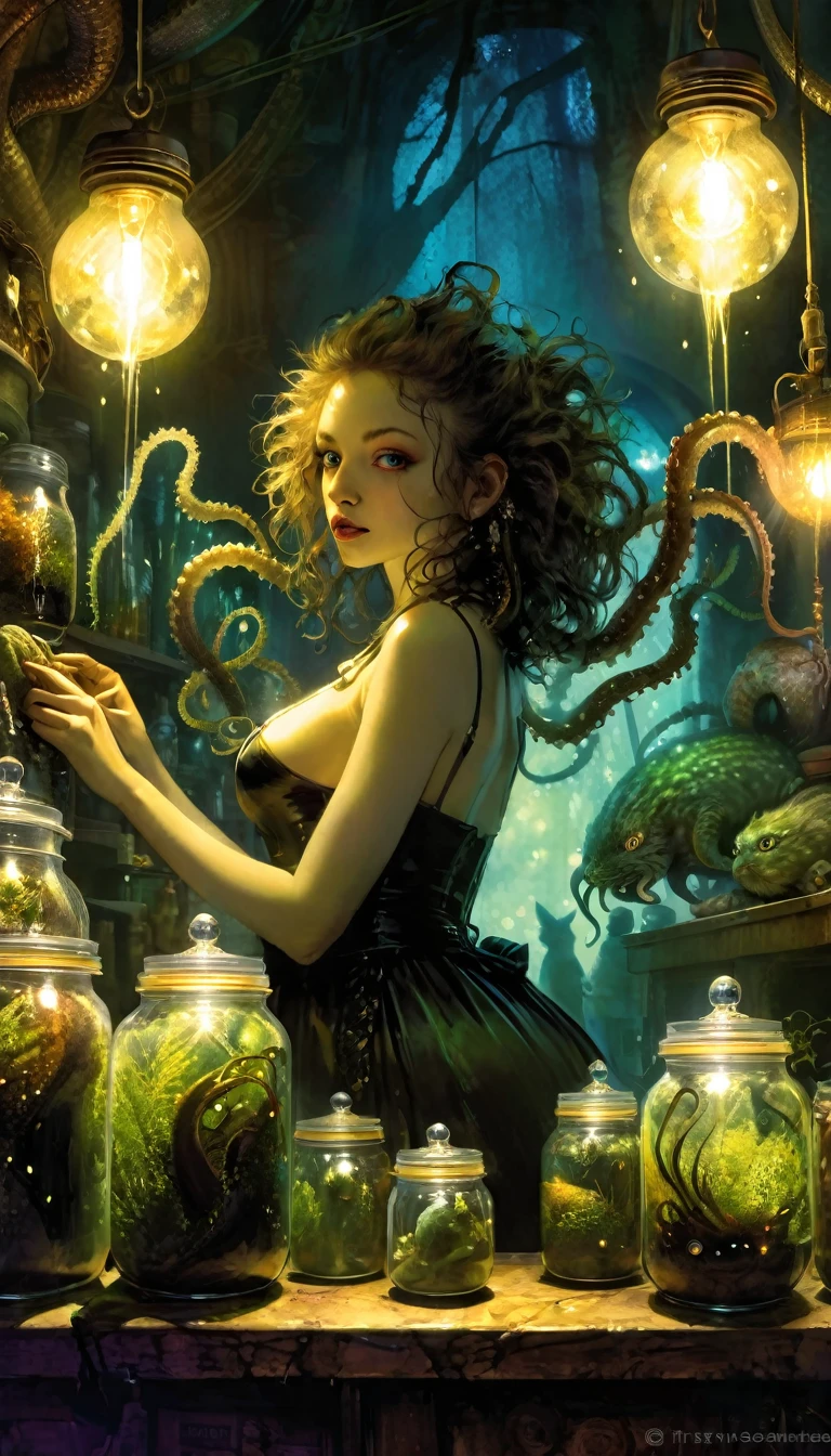 a sexy girl tends the store at the counter, fantastic store, Fantasy world, dark, disturbing, strange, unnatural, (Rembrandt Lighting: 1.3) light particles, lens flares, store with several tentacles inside large jars, , a woman shopping, live tentacles for sale inside jars, side chest, forest cat on stage, close-up of the upper part of the body, artistic masterpieces that will go down in history, fantastic backgrounds, memorable scenes, fantastic angles (masterpiece : 1.2), (best quality: 1.2), intricate details, newest, AI generated (Bill Sienkiewicz inspired art, intricate details, oil painting)