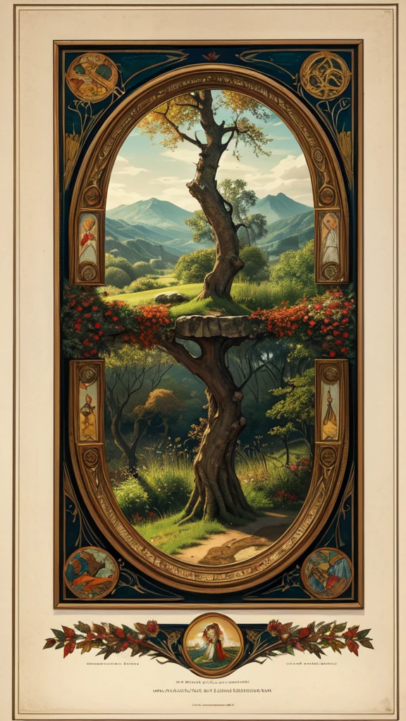 circular tree,four seasons,spring,summer,autumn,winter,leaves,roots,branches,trunk,ornate border,decorative,digital illustration,artwork,movement,time,swirling background,dark background,vibrant colors,natural,life cycle,growth,change,nature,life,peace,harmony,spirituality,symbolism,digital art,illustration,painting,graphic design,art,design,digital media,online art,visual art,fine art,fantasy