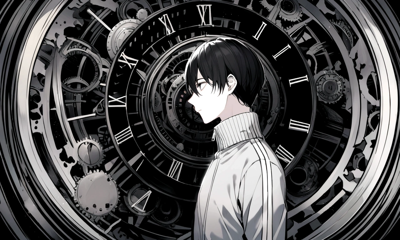 black and white drawing, giant clockwork background, Clockwork has hands., human, 26 year old male, black neat hair, a lonely face, wearing gray tracksuit, men turn to the clock hands.