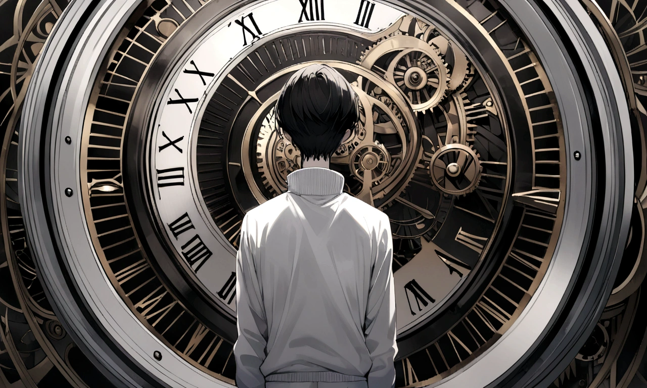 black and white drawing, giant clockwork background, Clockwork has hands., human, 26 year old male, black neat hair, a lonely face, wearing gray tracksuit, men turn to the clock hands.