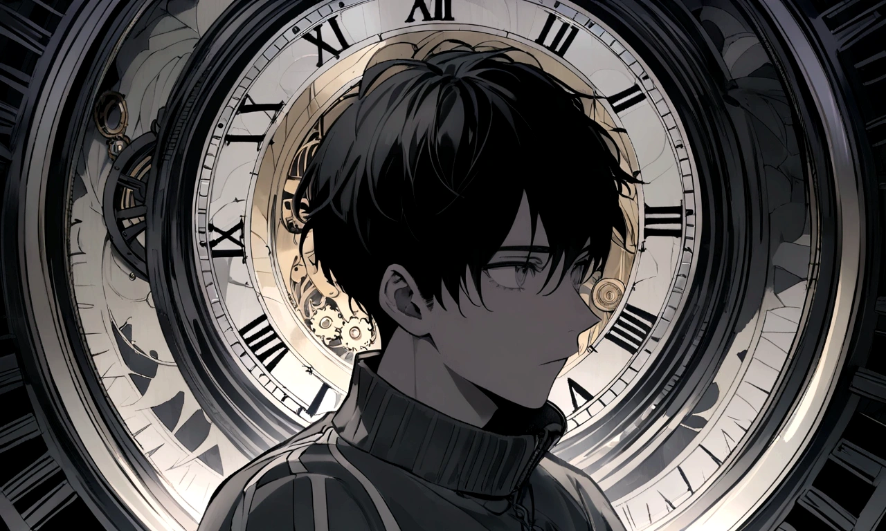 black and white drawing, giant clockwork background, Clockwork has hands., human, 26 year old male, black neat hair, a lonely face, wearing gray tracksuit, men turn to the clock hands.