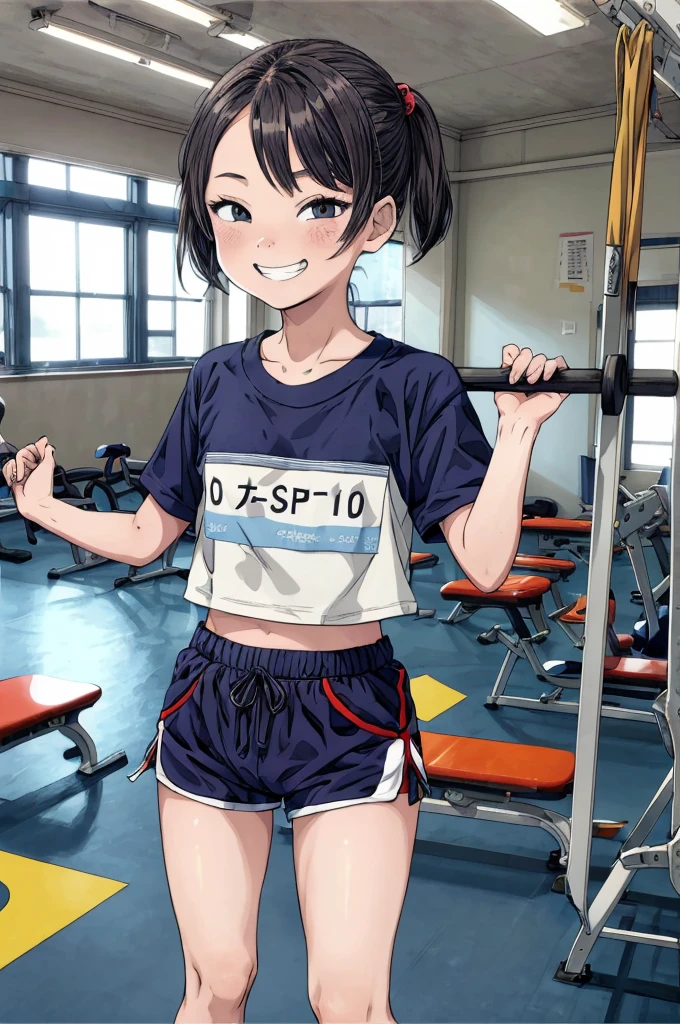 best quality, masterpiece, detailed,2d,flat color, 1girl,10yo,petit,grin,classroom,,school gym shirts,school gym shorts,buruma