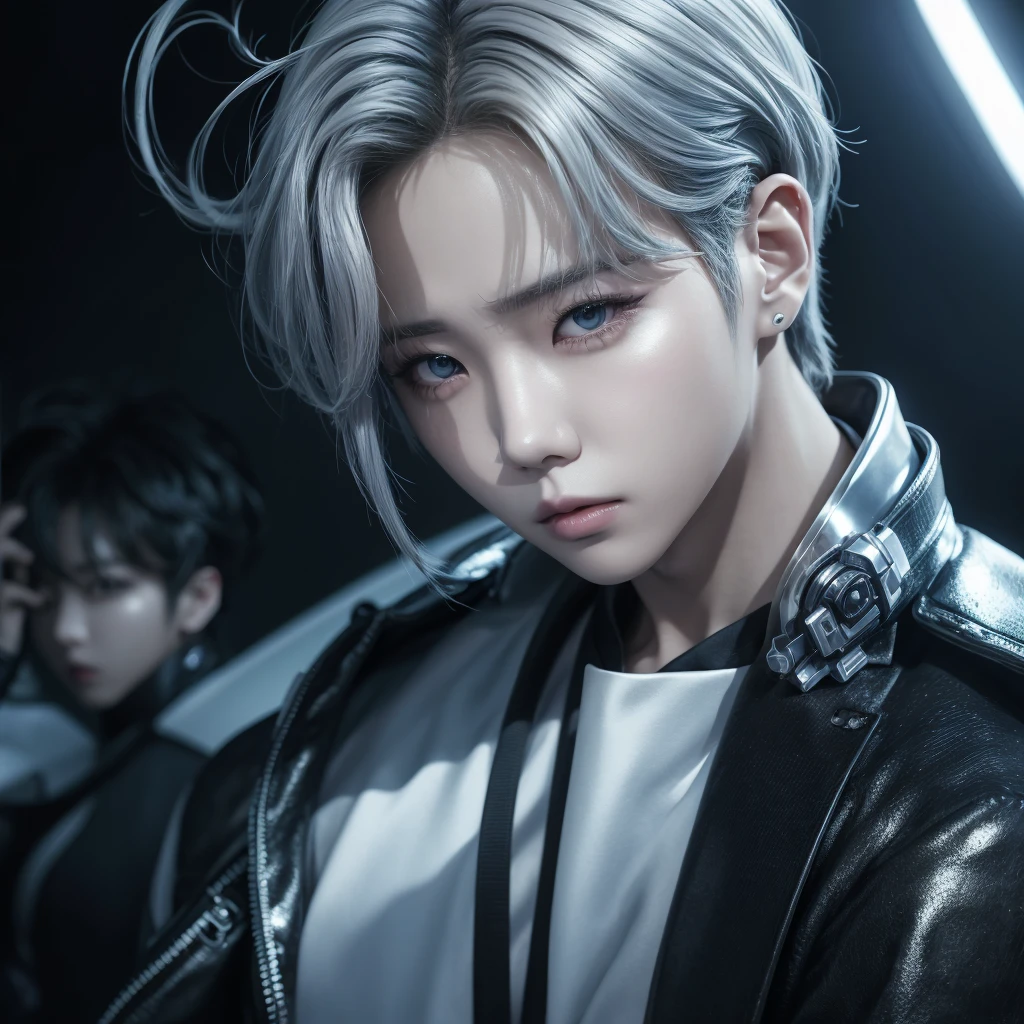 actriz and kpop idol more realism in hair and clothing.  
. "Create an image of Jimin from BTS with a futuristic look: silver hair, eyes of opposite colors and wearing a shiny suit in metallic and cyber tones."