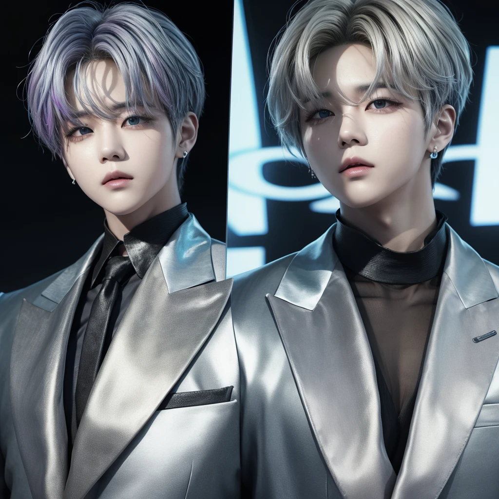 actriz and kpop idol more realism in hair and clothing.
. "Create an image of Jimin from BTS with a futuristic look: silver hair, eyes of opposite colors and wearing a shiny suit in metallic and cyber tones."