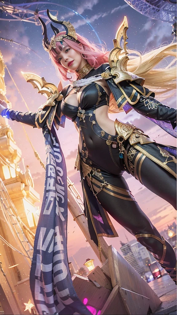 (female:1.2), 8k, ultra hd, ultra detailed texture, hyper realistic, masterpiece, detailed texture, detailed face, detailed skin, detailed lighting, (photorealistic:1.5), best quality, beautiful lighting, cinematic lighting, professional lighting, ultra highres, realistic, detailed hair, real hair, high quality, (realskin:1.5), extremely detailed, finely detail, ultra-detailed, 1girl, solo, v-shaped eyebrow, red lips, parted lips, smile, white skin, nose, pretty, beautiful, cute face, short hair, pink hair, side bangs, large breasts, armpit, navel, stomach, thigh, bare shoulder, depth of field, skin tight, amazing pose, glowing, blurry background, seductive pose