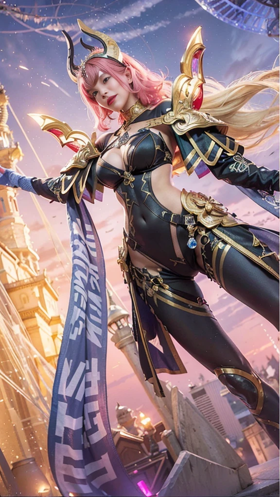 (female:1.2), 8k, ultra hd, ultra detailed texture, hyper realistic, masterpiece, detailed texture, detailed face, detailed skin, detailed lighting, (photorealistic:1.5), best quality, beautiful lighting, cinematic lighting, professional lighting, ultra highres, realistic, detailed hair, real hair, high quality, (realskin:1.5), extremely detailed, finely detail, ultra-detailed, 1girl, solo, v-shaped eyebrow, red lips, parted lips, smile, white skin, nose, pretty, beautiful, cute face, short hair, pink hair, side bangs, large breasts, armpit, navel, stomach, thigh, bare shoulder, depth of field, skin tight, amazing pose, glowing, blurry background, seductive pose