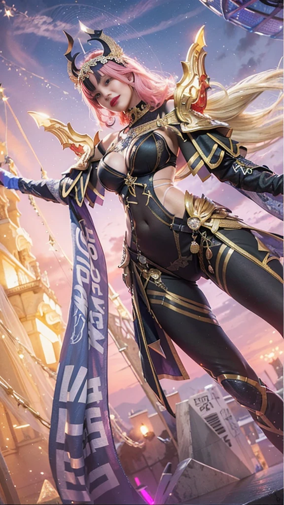 (female:1.2), 8k, ultra hd, ultra detailed texture, hyper realistic, masterpiece, detailed texture, detailed face, detailed skin, detailed lighting, (photorealistic:1.5), best quality, beautiful lighting, cinematic lighting, professional lighting, ultra highres, realistic, detailed hair, real hair, high quality, (realskin:1.5), extremely detailed, finely detail, ultra-detailed, 1girl, solo, v-shaped eyebrow, red lips, parted lips, smile, white skin, nose, pretty, beautiful, cute face, short hair, pink hair, side bangs, large breasts, armpit, navel, stomach, thigh, bare shoulder, depth of field, skin tight, amazing pose, glowing, blurry background, seductive pose