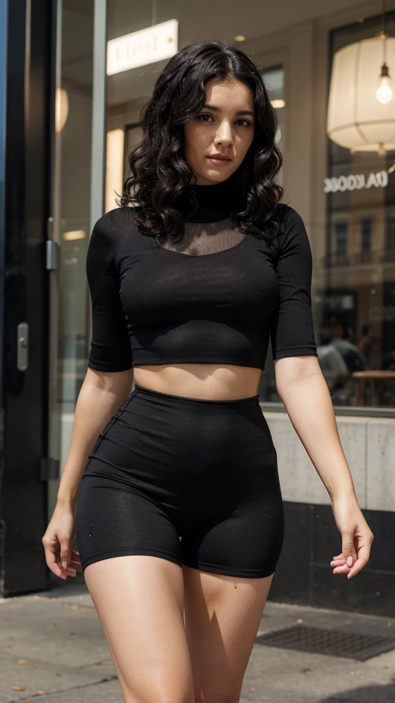 A bresilien woman with black curly hair wearing a short super tight