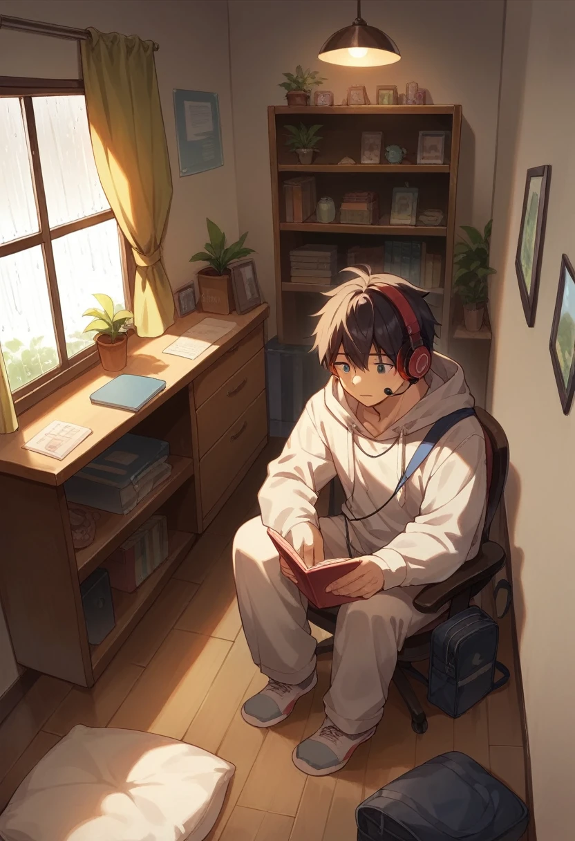 Lofi style large room, natta , rain through the window, de natta , Boy in hood studying and Headphones and Computer 
