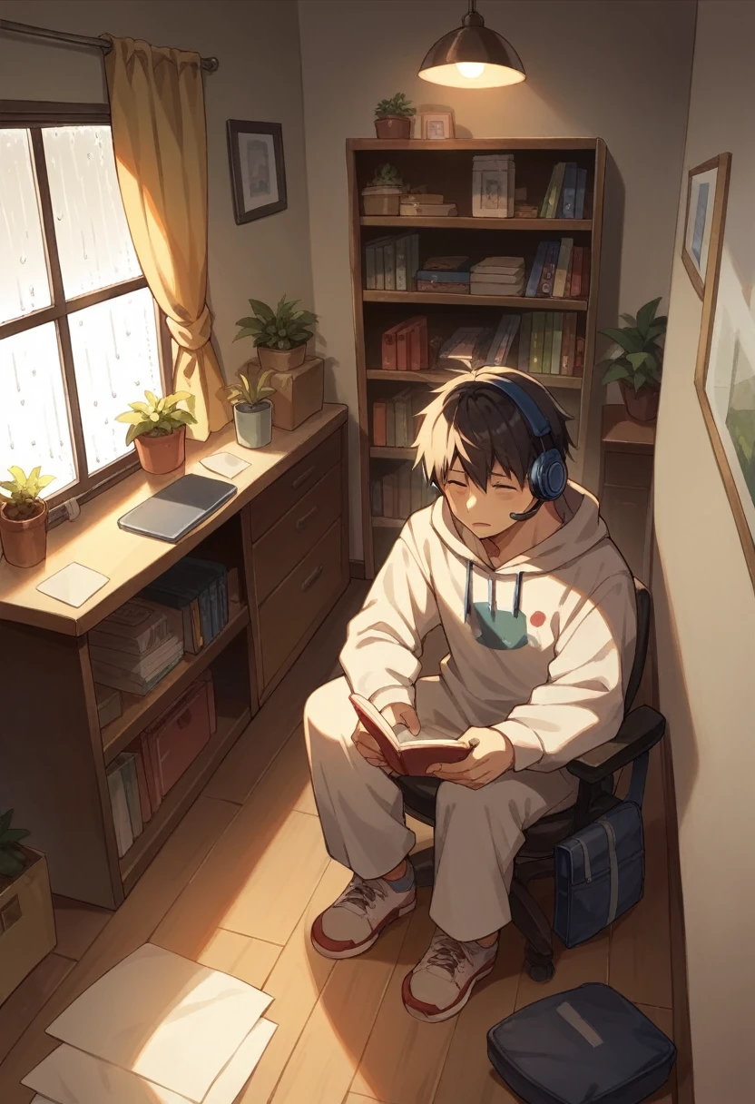 Lofi style large room, natta , rain through the window, de natta , Boy in hood studying and Headphones and Computer 