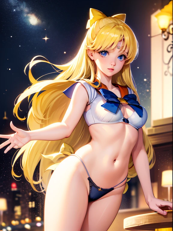 sailor venus, 4K quality, (Masterpiece), photorealistic, 1 woman, by rubio, Blue eyes, expressive eyes, beautiful woman, wide, Little white bra, black lace, white panties, in a bar