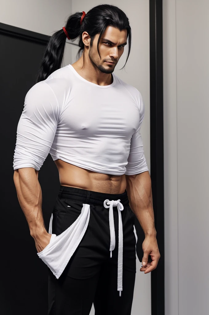 a tall muscular adult, he has long black fluffy hair tied in a ponytail, an attractive and beautiful face, He wears a white shirt with raised sleeves, his nails are black, he has black pants and black shoes, and red eyes, en estilo anime