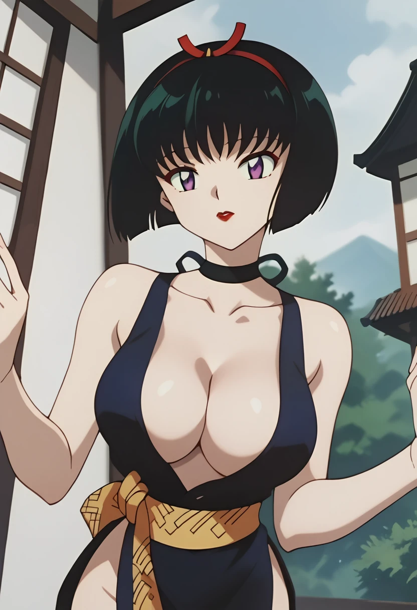 score_9, score_8_up, score_7_up, source_anime, best quality, masterpiece, rating_explicit, uncensored, megami magazine, BREAK, SAKASAGAMINOYURA, 1GIRL, large breasts, cleavage, BLACK HAIR, HAIR BAND, BOB_CUT, PURPLE EYES, CHOKER, SLEEVELESS, SHORT KIMONO, red lip