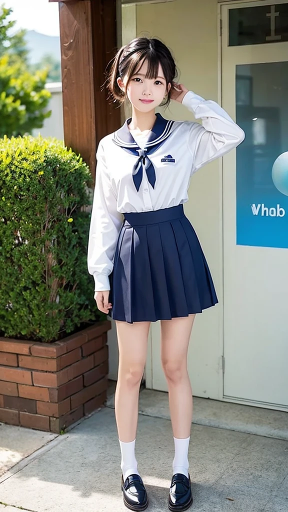 (1 Girl、alone、whole body、14 years old、natural standing posture)、(Standing casually)、(whole body:1.4)、(whole bodyショーケース)、(whole bodyを見せる)、((Character Concept Art))、(Portraiture:1.2)、(Detailed facial depiction、Carefully drawn face、A kind smile)、Short dark brown hair、Sailor suit、Navy blue sailor collar、uniform、Short skirt:1.37、超Short skirt、shoes、loafers、(Vintage、Classic)、((No background))、((White Background))、Blur the background、(No logo)