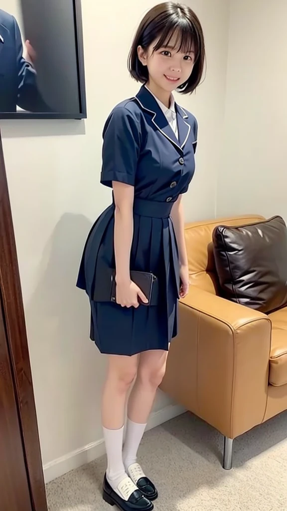 (1 Girl、alone、whole body、、natural standing posture)、(Standing casually)、(whole body:1.4)、(whole bodyショーケース)、(whole bodyを見せる)、((Character Concept Art))、(Portraiture:1.2)、(Detailed facial depiction、Carefully drawn face、A kind smile)、Short dark brown hair、Sailor suit、Navy blue sailor collar、uniform、Short skirt:1.37、超Short skirt、shoes、loafers、(Vintage、Classic)、((No background))、((White Background))、Blur the background、(No logo)