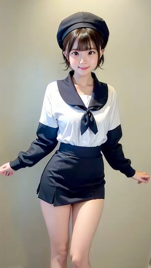 (1 Girl、alone、whole body、14 years old、natural standing posture)、(Standing casually)、(whole body:1.4)、(whole bodyショーケース)、(whole bodyを見せる)、((Character Concept Art))、(Portraiture:1.2)、(Detailed facial depiction、Carefully drawn face、A kind smile)、Short dark brown hair、Sailor suit、Navy blue sailor collar、uniform、Short skirt:1.37、超Short skirt、shoes、loafers、(Vintage、Classic)、((No background))、((White Background))、Blur the background、(No logo)