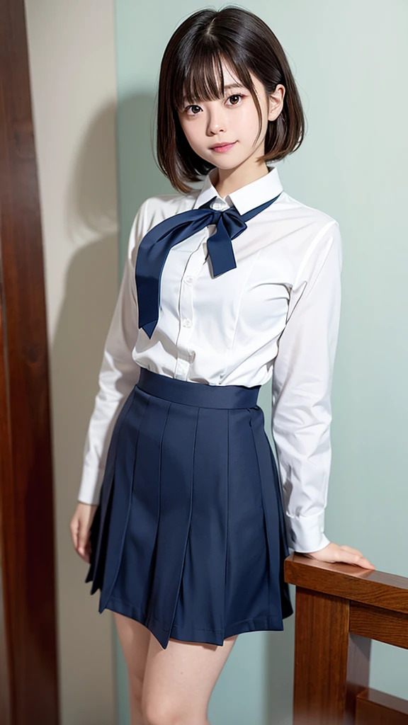(1 Girl、alone、whole body、14 years old、natural standing posture)、(Standing casually)、(whole body:1.4)、(whole bodyショーケース)、(whole bodyを見せる)、((Character Concept Art))、(Portraiture:1.2)、(Detailed facial depiction、Carefully drawn face、A kind smile)、Short dark brown hair、Sailor suit、Navy blue sailor collar、uniform、Short skirt:1.37、超Short skirt、shoes、loafers、(Vintage、Classic)、((No background))、((White Background))、Blur the background、(No logo)