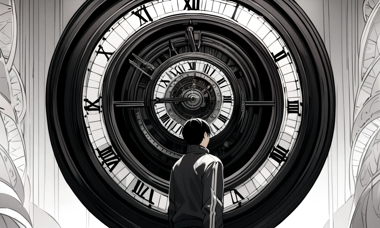 black and white drawing, giant clockwork background, human, 26 year old male, black neat hair, a lonely face, wearing gray tracksuit, climb on the clock, climb the clock