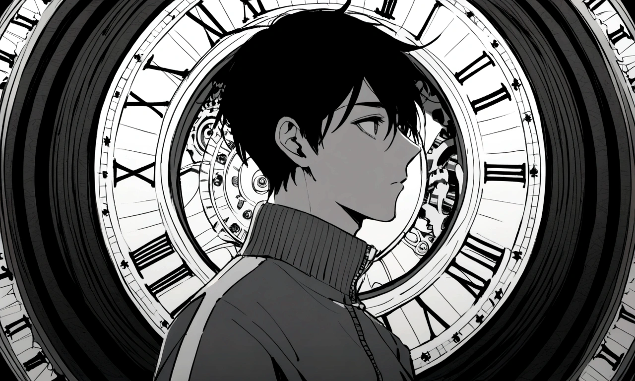 black and white drawing, giant clockwork background, human, 26 year old male, black neat hair, a lonely face, wearing gray tracksuit, climb on the clock, climb the clock