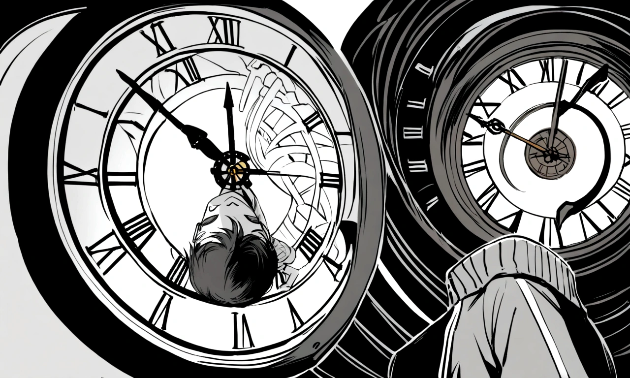 black and white drawing, giant clockwork background, human, 26 year old male, black neat hair, a lonely face, wearing gray tracksuit, climb on the clock, climb the clock