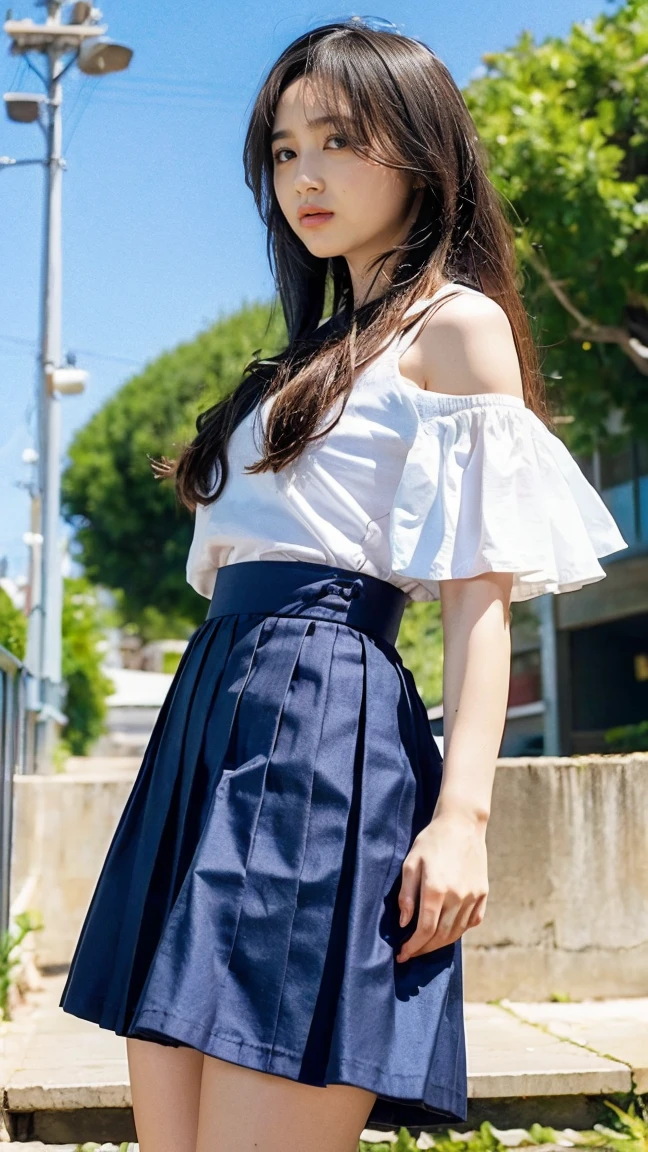 ((Viewing angle from below、Highest quality、masterpiece、32k、Every detail))、Descend the outdoor stairs、commute、Systemic manifestations、Traditional navy blue sailor uniform、White blouse、Pleated skirt、(((A strong wind blows my hair and skirt away:1.62)))、((I always carry the shoulder strap of my bag across my body..:1.22))、One Girl, alone、(((mini skirt, No underwear:1.22)))、Big Breasts、barefoot, High heels