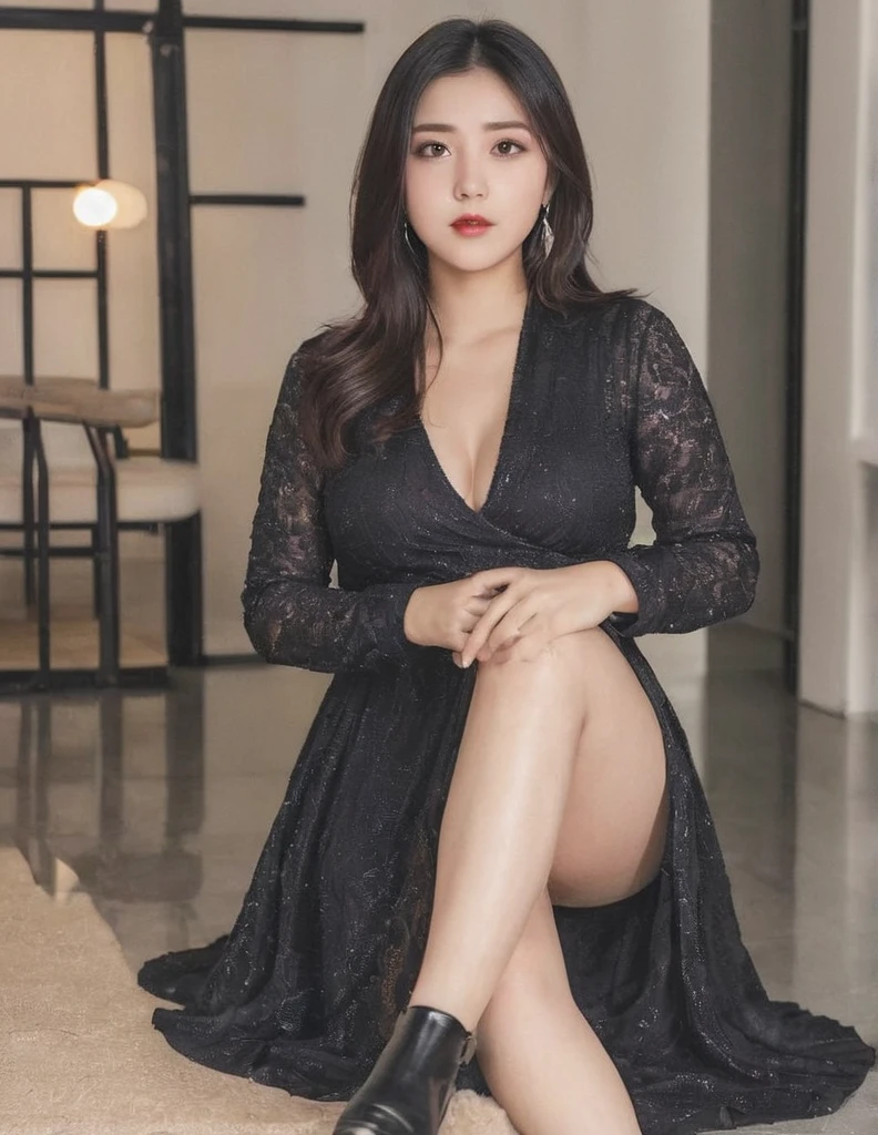 A voluptuous woman, late twenties age, standing up, beautiful, sexy nightlife dress, cozy lighting, cozy background, eye-level camera angle,