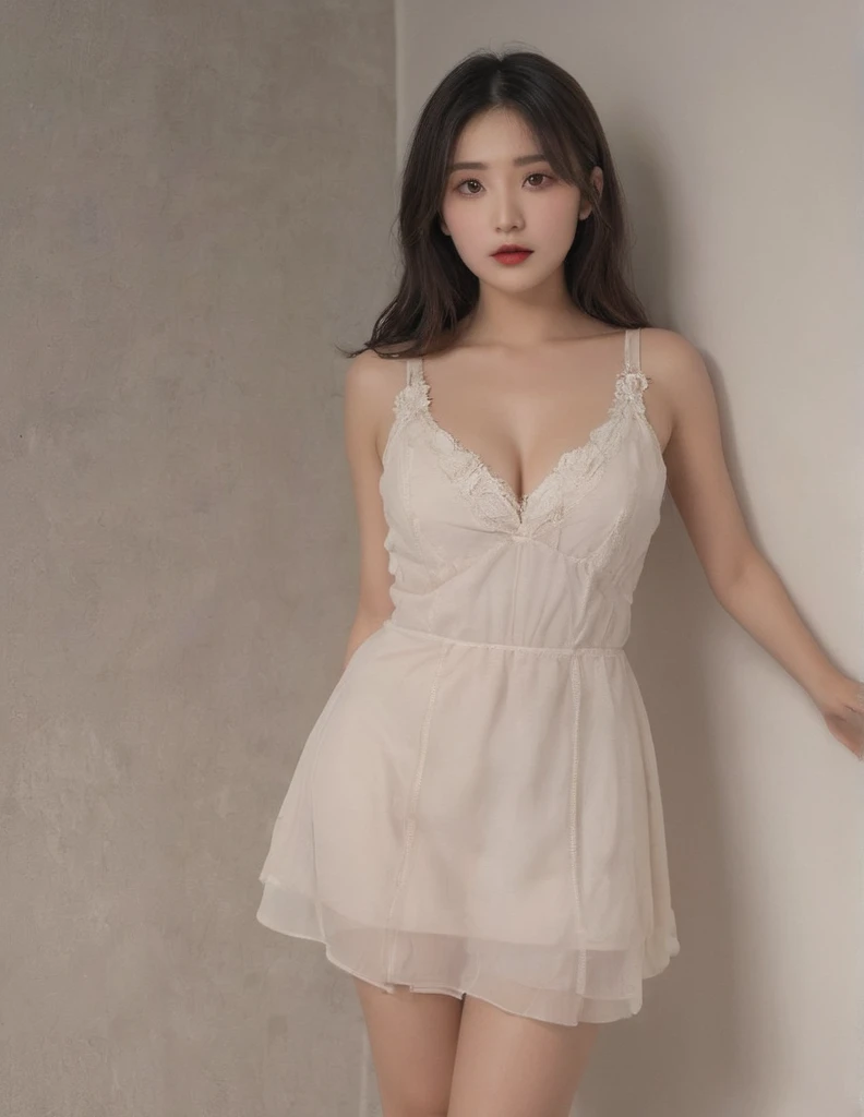 A voluptuous woman, late twenties age, standing up, beautiful, sexy nightlife dress, cozy lighting, cozy background, eye-level camera angle,