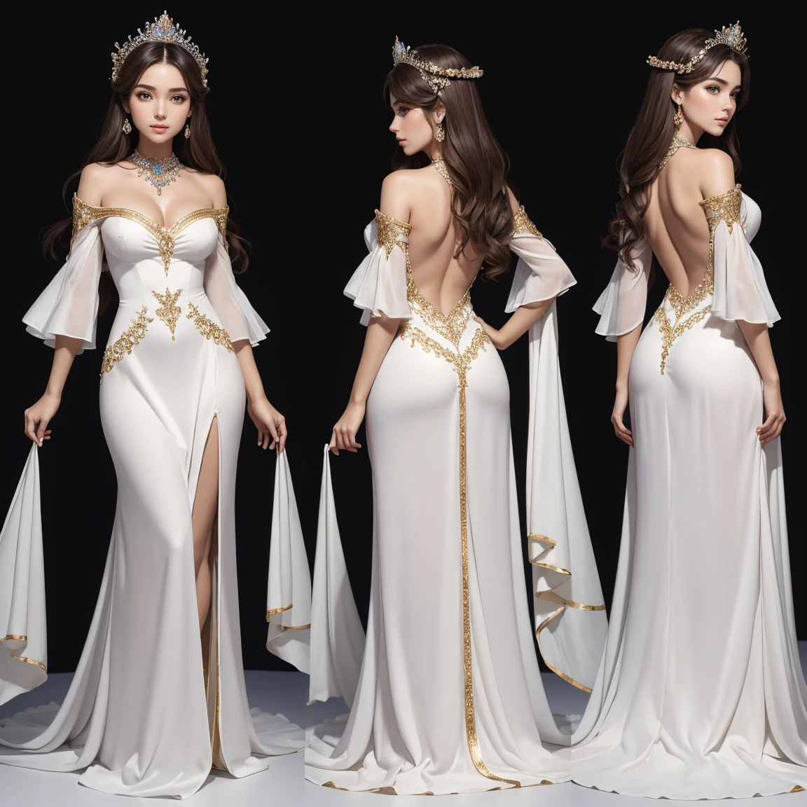 (masterpiece, highest quality), ultra detailed, high resolution, 16k, the most beautiful face in the world, highly detailed beautiful face and eyes, shiny skin, fine cloth texture, perfect anatomy, BREAK, (the incarnation of beauty:1.3), (goddess of beauty:1.3), (gorgeous and stunning princess:1.3), perfect make-up, deeply in love, full of elegance. (full body:1.5), (three view drawing, front and back and side, character sheet:1.3)