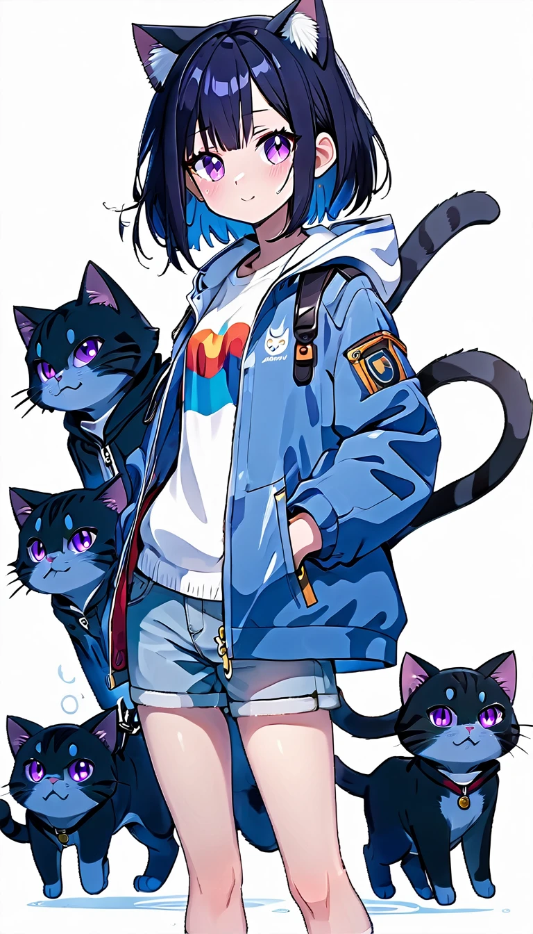 a young 14 year old girl, 4ft9 in Hight, open blue jacket, white shirt, short jeans, black hair, brown work shoes, ,purple eyes,fang, ,cat ears, ,cat tail, character design,