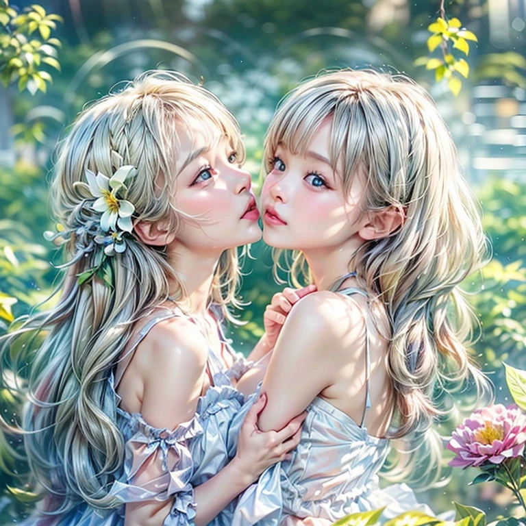 SFW, ((David Hamilton:1.37, White and RainbowColors))、Extremely Detailed (Tiny Oppai-Loli Twins:1.37)、{(Dynamic-angle)|(from side)|(from back)|((from below:1.2))}、{(((Kissing face to face:1.37) Against the Nipples to Nipples Pressing hard))| ZoomedOut }、{(Floating hair with Strong wind)|(Ass focus)|French Braid|bun}、((8K best quality Masterpiece:1.2、Photo-realistic:1.37)), { kodachrome | realistic | photorealistic | RAW }  BREAK  ((Detailed KAWAII Face、Detailed Radiant PearlSkin) with Transparency)、Smooth shading、(SoftFocus BokeH)、Soft Lighting、((school uniform))、{Flowers|Flower wreath|smile|Joyful|Pleasuring|Different types of hair colors}、{(Light Particles:1.2)|(Lens Flare)|(Luminescent Particles:0.6)}、{(((Just a heads above the Lake))) |Sparkling Lake surface|Splashing water|Before dawn|magic hour|morning glow|foggy|Haze|(Dazzling Colored Horizon)}、{ThighGap | hidden hands | PUNIPUNI } .