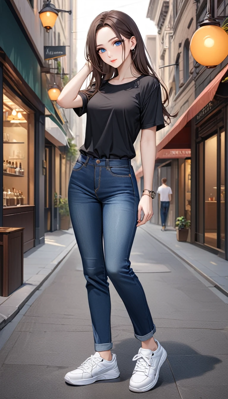 ((best quality, masterpiece:1.3, 8K)), (detailed), highly detailed face and skin texture, detailed eyes, downtown, full body, seductive pose, slender body, 1girl, 25 years old, white skin, blue eyes, bright lips, seductive smile, dark brown hair, straight hair, very long hair, (forehead:1.0), black blouse, short sleeves, jeans pants, skinny jeans, dark blue jeans, white sneakers,