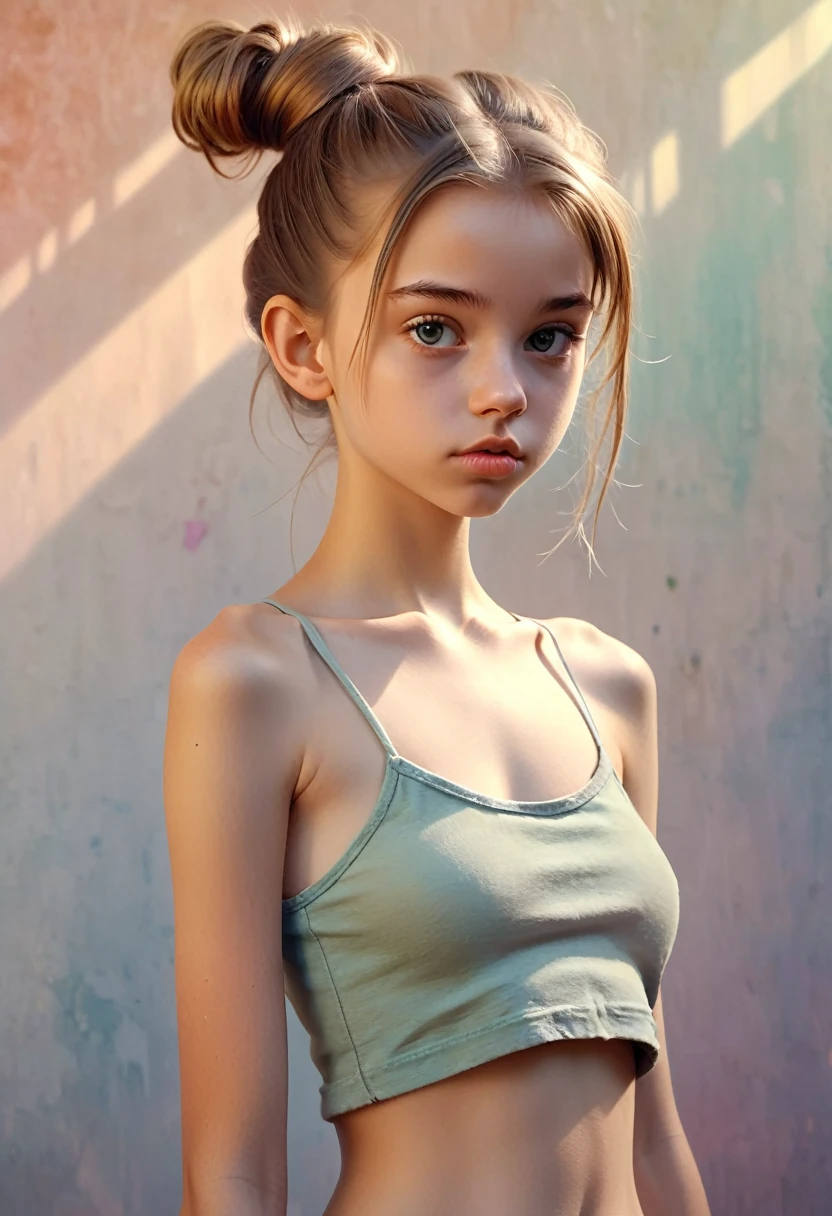 (Cinematic photo: 1.3) From (really: 1.3), (comfortable: 1.3) Beautiful 12 year old girl, (difficult messy bun of light brown hair), высокодеталFromированная текстура кожи, skinny shoulders, realistic texture кожи, looks straight into the camera, (looks at the viewer), pout, pastel, Shine, Dramatic, Dreamy, pastelный цветочный сад, Thin, skinny, gentle, Высокая деталFromация, difficult, digital painting, Fantasy theme,skinny , bare belly, Fantasy concept art , Fantasy Characters, Beautiful teenage girl, Perfect body, highly detailed full-length shot, Dreamy, pastel, watercolor, strange, gentle, highly detailed texture, realistic texture, digital painting, высокодеталFromированная фотография (art deco: 1.3), (ФотореалFromм: 1.3), (Классический реалFromм: 1.3), (Fujifilm Superia: 1.3), Natural, golden hour light