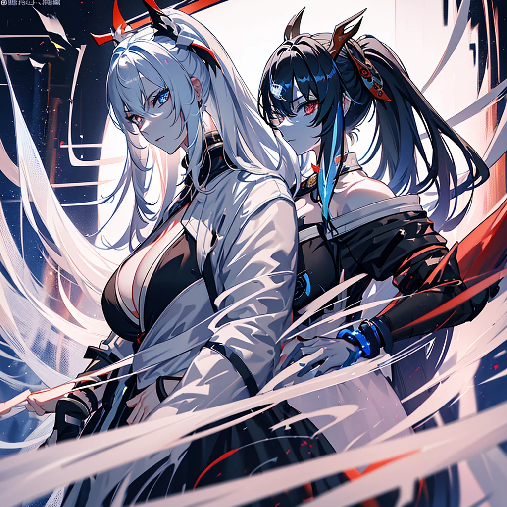  a beautiful blue and black kitsune, big breasts, long White hair, slim waist, detailed portrait, intricate details, dramatic lighting, mystical, elegant, sensual, long white tail, heterochromia (one blue eye, one red eye), His eyes would shine brightly, Surrounded by red energy fireflies, red and black kimono with occi dragon design