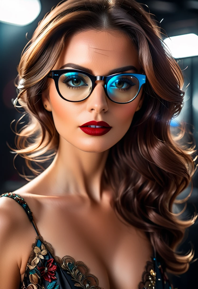 a facial portrait of a ((spy using glasses to take pictures)) working on a secret computer laboratory, an elegant, exquisite beautiful female spy, dynamic hair color, dynamic hair style, (wearing elegant intricate details glasses: 1.3), dynamic color glasses, dynamic style glasses, ((letter and numbers are mirrored on the glasses:1.6)), she wears an elegant, intricate detailed dress, silk dress , small cleavage, Vibrant, Ultra-high resolution, High Contrast, masterpiece:1.2, highest quality, Best aesthetics), best details, best quality, highres, ultra wide angle, 16k, [ultra detailed], masterpiece, best quality, (extremely detailed), Genetically modified..., Cinematic Hollywood Film, lens flare style