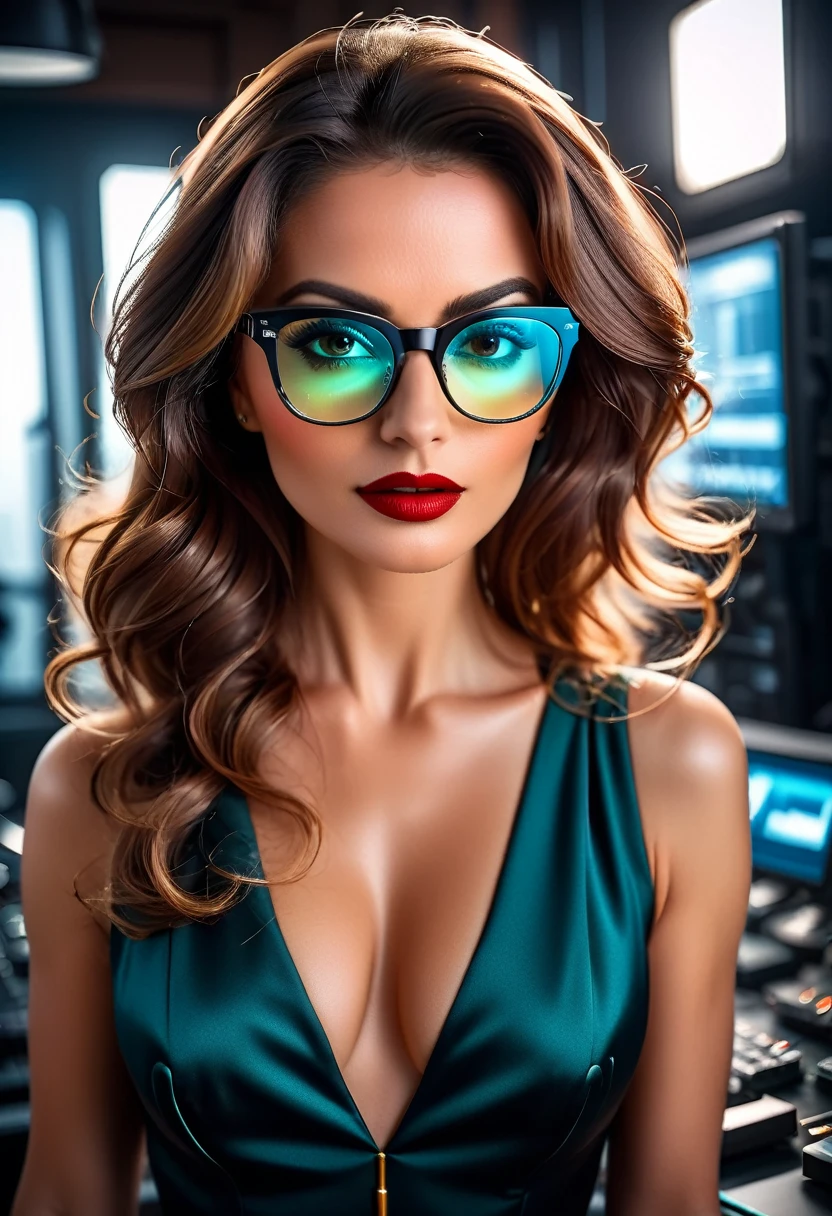 a facial portrait of a ((spy using glasses to take pictures)) working on a secret computer laboratory, an elegant, exquisite beautiful female spy, dynamic hair color, dynamic hair style, (wearing elegant intricate details glasses: 1.3), dynamic color glasses, dynamic style glasses, ((letter and numbers are mirrored on the glasses:1.6)), she wears an elegant, intricate detailed dress, silk dress , small cleavage, Vibrant, Ultra-high resolution, High Contrast, masterpiece:1.2, highest quality, Best aesthetics), best details, best quality, highres, ultra wide angle, 16k, [ultra detailed], masterpiece, best quality, (extremely detailed), Genetically modified..., Cinematic Hollywood Film, lens flare style