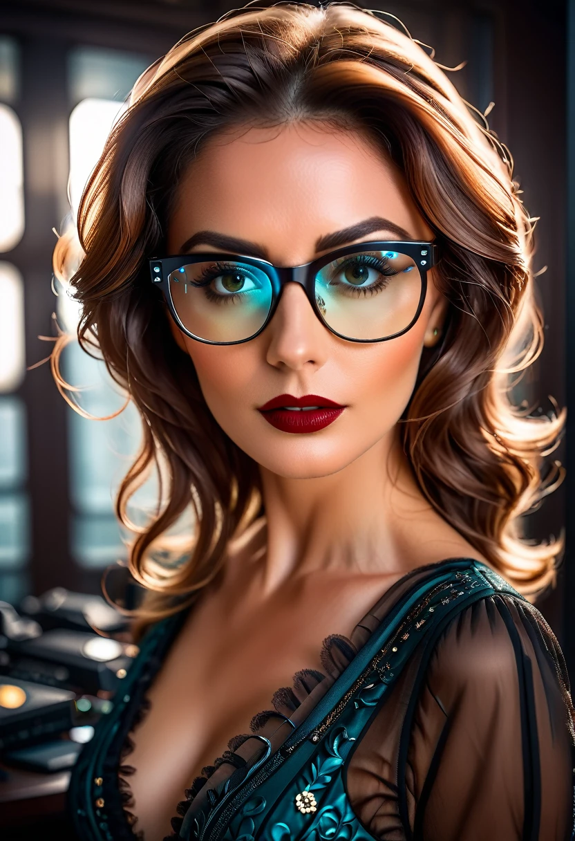 a facial portrait of a ((spy using glasses to take pictures)) working on a secret computer laboratory, an elegant, exquisite beautiful female spy, dynamic hair color, dynamic hair style, (wearing elegant intricate details glasses: 1.3), dynamic color glasses, dynamic style glasses, ((letter and numbers are mirrored on the glasses:1.6)), she wears an elegant, intricate detailed dress, silk dress , small cleavage, Vibrant, Ultra-high resolution, High Contrast, masterpiece:1.2, highest quality, Best aesthetics), best details, best quality, highres, ultra wide angle, 16k, [ultra detailed], masterpiece, best quality, (extremely detailed), Genetically modified..., Cinematic Hollywood Film, lens flare style