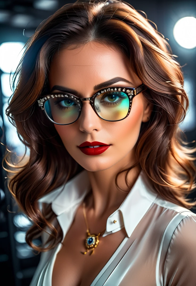 a facial portrait of a ((spy using glasses to take pictures)) working on a secret computer laboratory, an elegant, exquisite beautiful female spy, dynamic hair color, dynamic hair style, (wearing elegant intricate details glasses: 1.3), dynamic color glasses, dynamic style glasses, ((letter and numbers are mirrored on the glasses:1.6)), she wears an elegant, intricate detailed dress, silk dress , small cleavage, Vibrant, Ultra-high resolution, High Contrast, masterpiece:1.2, highest quality, Best aesthetics), best details, best quality, highres, ultra wide angle, 16k, [ultra detailed], masterpiece, best quality, (extremely detailed), Genetically modified..., Cinematic Hollywood Film, lens flare style