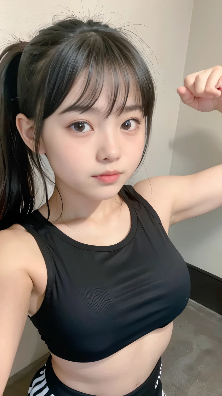 adorable, 1 girl, (()), sleepless face, medium portrait, (face details: 1), (eye details: 1), hair scrunchie, ((big breasts)). Look like a happy. sports t-shirt, tight leggings. Sweating. Boxing arena, boxing pose. Ultra High Res.realistic:1.4, UHD