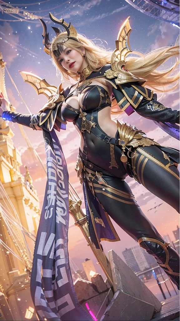 (female:1.2), 8k, ultra hd, ultra detailed texture, hyper realistic, masterpiece, detailed texture, detailed face, detailed skin, detailed lighting, (photorealistic:1.5), best quality, beautiful lighting, cinematic lighting, professional lighting, ultra highres, realistic, detailed hair, real hair, high quality, (realskin:1.5), extremely detailed, finely detail, ultra-detailed, 1girl, solo, v-shaped eyebrow, red lips, parted lips, smile, white skin, nose, pretty, beautiful, cute face, short hair, blonde hair, side bangs, large breasts, armpit, navel, stomach, thigh, bare shoulder, depth of field, skin tight, amazing pose, glowing, blurry background, seductive pose