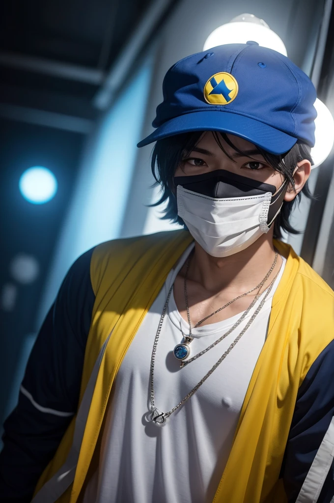 I want a male anime character with a blue cap, black mask with a white ball at the end of the lights coming out of the eyes, a white one at the end of the mask and a yellow Brazilian team shirt, silver chain with the pendant written Free fire and putting the name Free fire in the background 