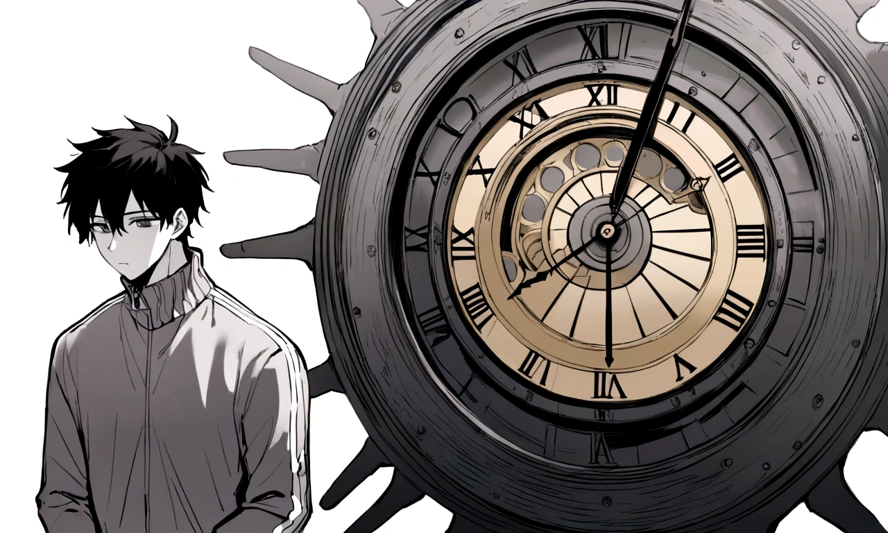 black and white drawing, giant clockwork background, human, 26 year old male, black neat hair, a lonely face, wearing gray tracksuit, hang on the hands of a clock.
