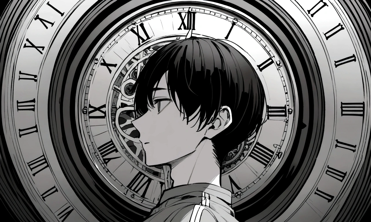 black and white drawing, giant clockwork background, human, 26 year old male, black neat hair, a lonely face, wearing gray tracksuit, hang on the hands of a clock.