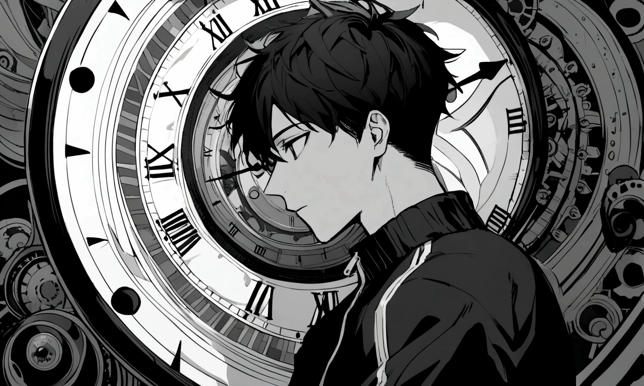 black and white drawing, giant clockwork background, human, 26 year old male, black neat hair, a lonely face, wearing gray tracksuit, cling to the clock