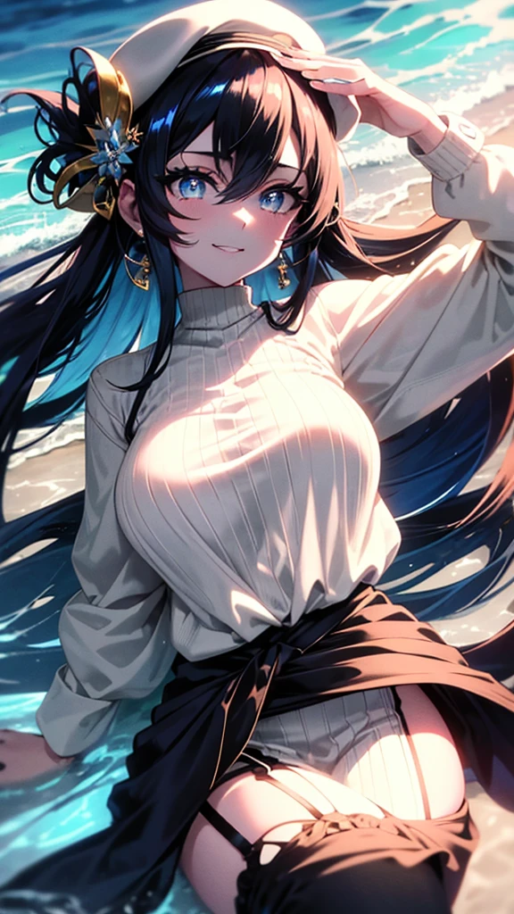 best quality,extremely detailed,anime style,1girl,Long hair down to the waist,straight hair,Dark black hair with bluish,Braid on top of the head,ponytail,beautiful detailed eyes,pinched eyes,dark blue eyes,huge breasts,smile,beret cap,garter belt,Fluttering and mysterious clothes,((hair ornament)),beach,summer