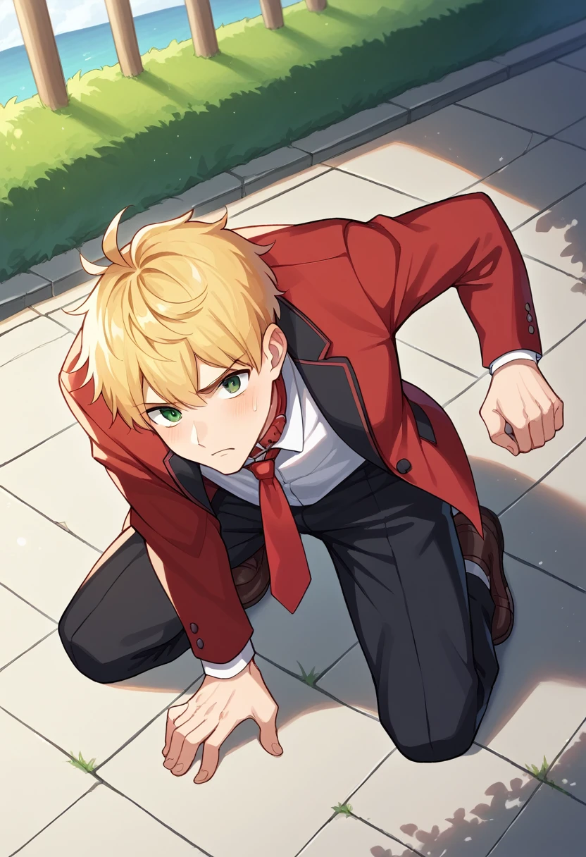 score_9, score_8_wonderful, score_7_wonderful, sauce_Anime BREAK 1 Boy, alone, Male Focus, Part 1: Leanne, blonde, , Red Blazer, Black trousers, Outdoor,Red tie，Dog Pose,put head on floor,Wear a collar with a lead,The lead is being pulled by a man