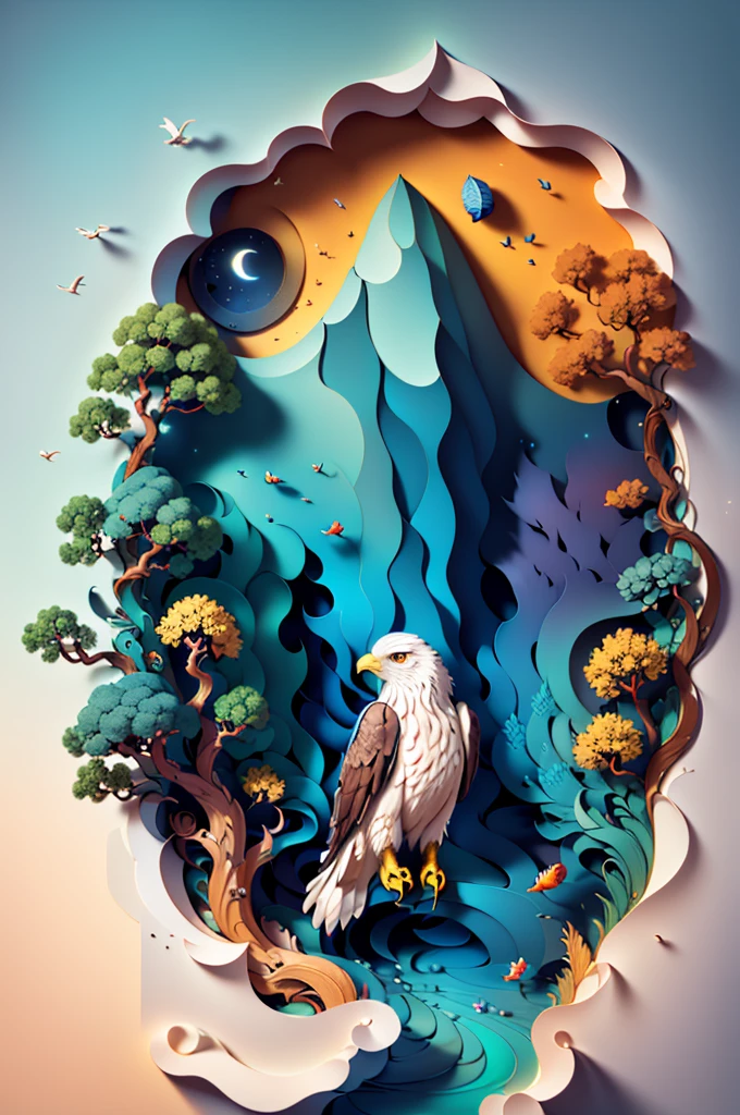 (((work of art))), eagle resting on a rock, surrounded by water from a stream, best qualityer,illustration,beautiful detailed shine, paper_cut-in, owlship, Tree,moonligh,